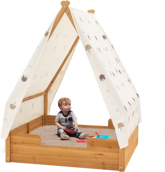 Driehoekige houten zandbak met luifel voor kinderen van 3-8 jaar