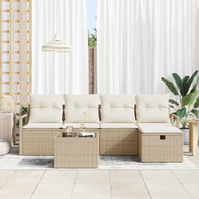 vidaXL - Bankstel - 6 - st - 5-zits - Beige - en - Crème - poly - rattan