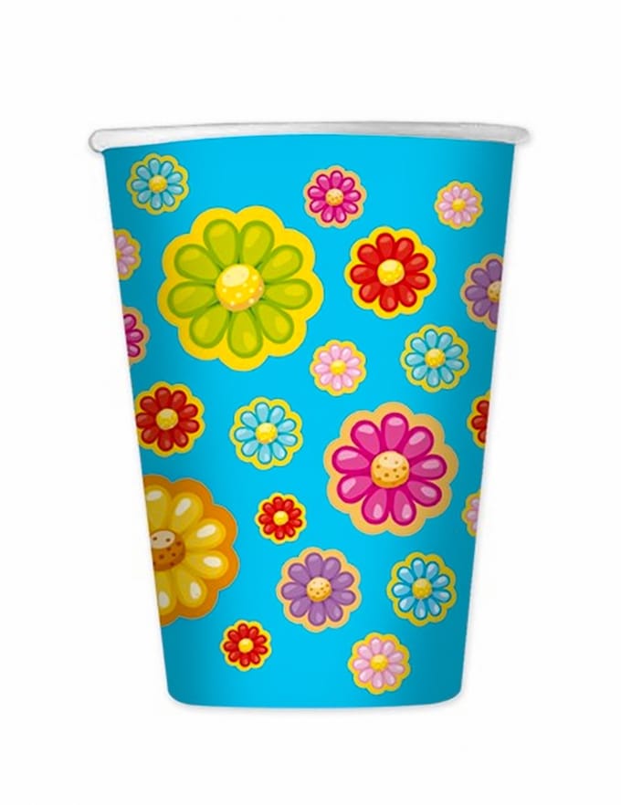 DIMAV - 8 kartonnen madeliefjesbekers 200 ml blauwe bloemen