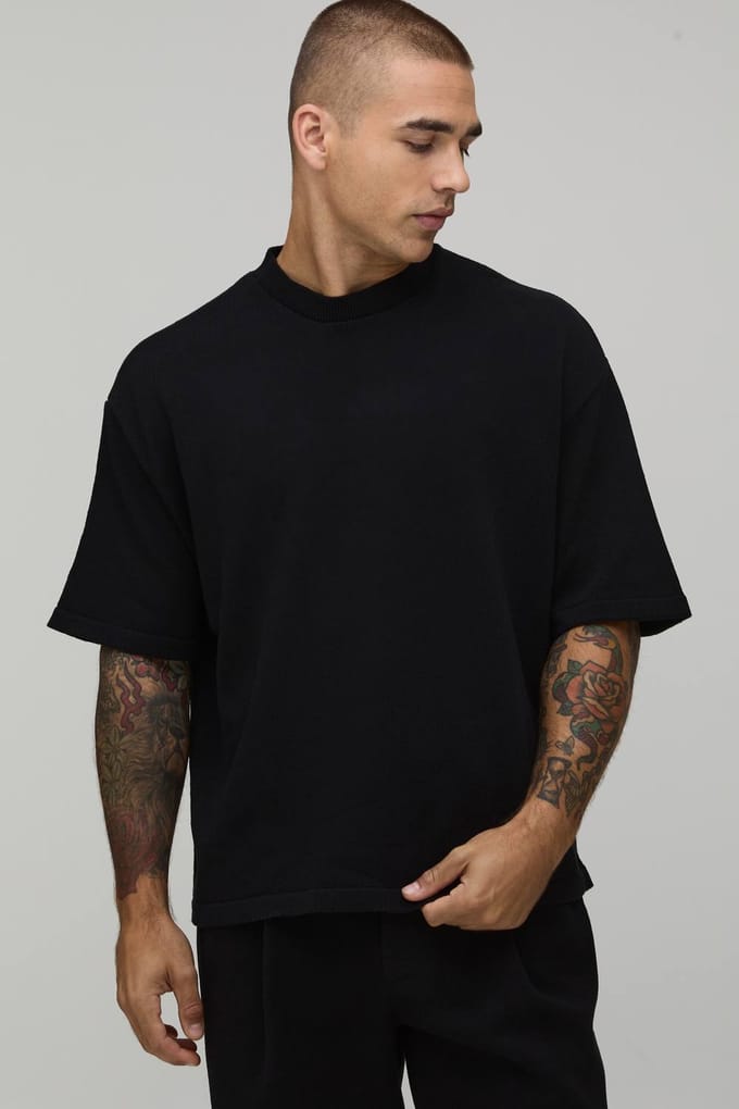 Oversized Gebreid T-shirt Van Katoenmix | Black | Size Medium