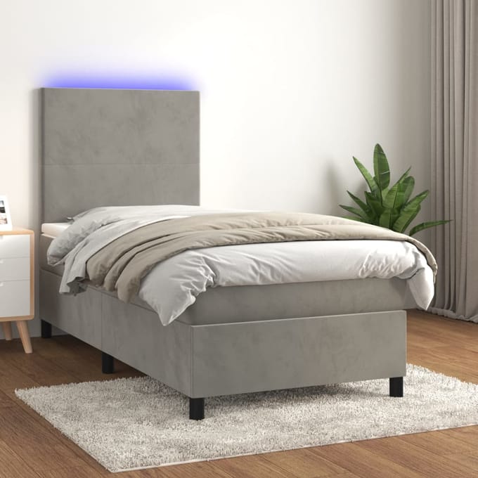 vidaXL - Boxspring - met - matras - en - LED - fluweel - lichtgrijs - 80x200 - cm