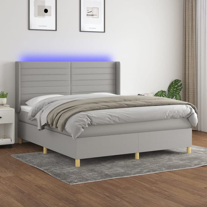 vidaXL - Boxspring - met - matras - en - LED - stof - lichtgrijs - 160x200 - cm