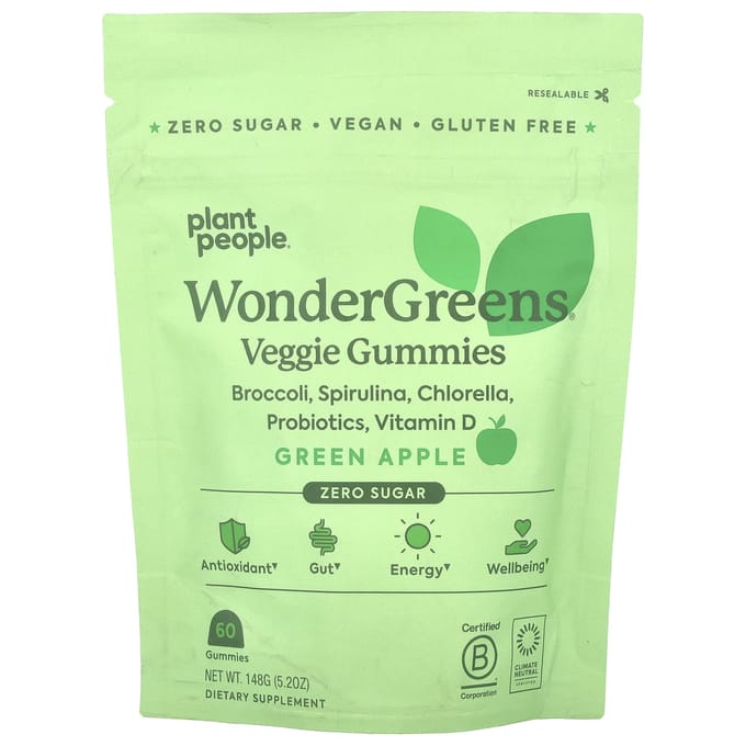 Plant People, wonderGreens®, veggie gummies, green apple, 60 gummies