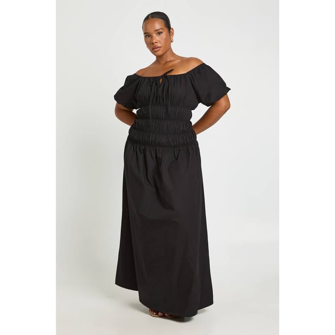 boohoo Dames Plus Pofmouw Gerimpelde Ruches Maxi Jurk | Zwart | Maat: 46
