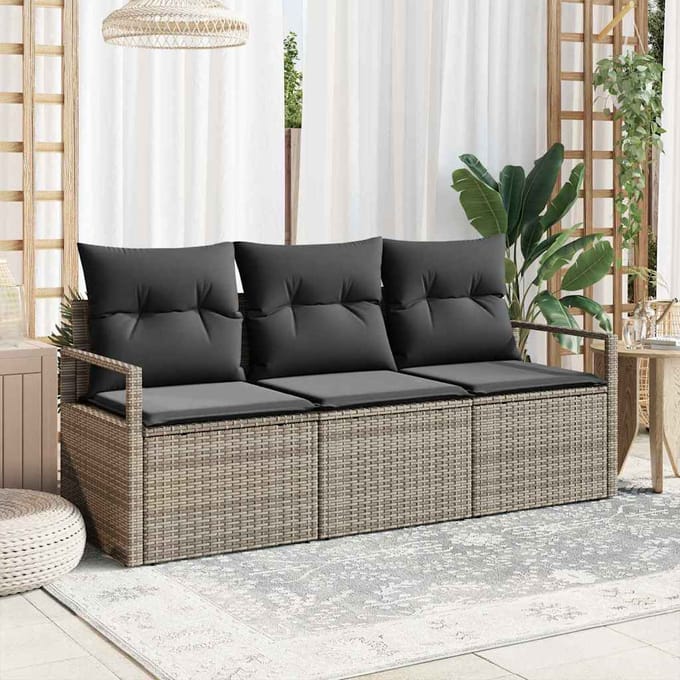 vidaXL Tuinbank Set met kussen met opslag 3 pcs Grijs poly rattan