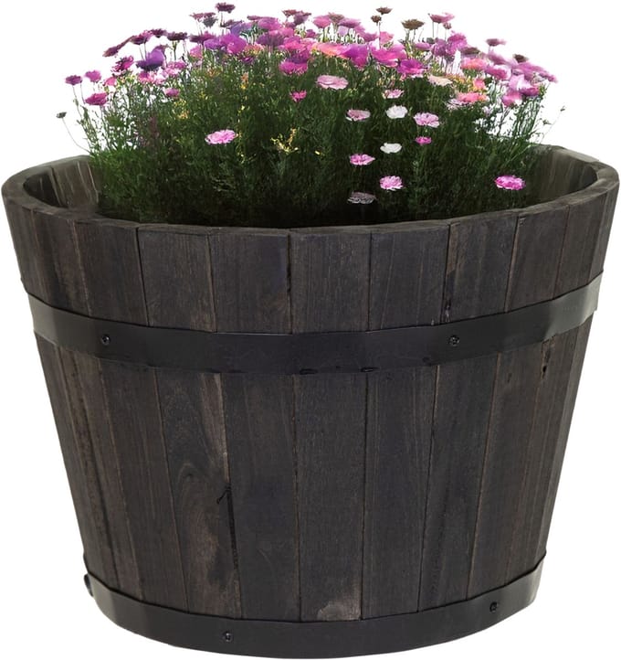 Mega Collections Plantenbak/bloempot Barrel - acacia hout - antraciet - D53 x H32 cm