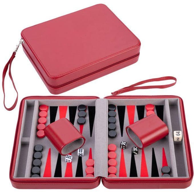 Pochette de jeu Backgammon de voyage 9 Similicuir rouge - fermeture Zip - Interieur feutr: grisnoirrouge - 250500 rood