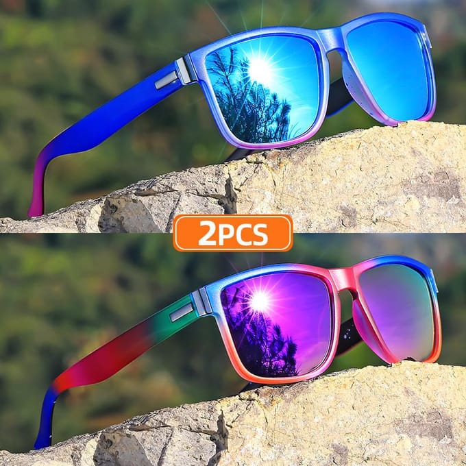 2 stuks Klassieke Vierkante Frame Zonnebril Kleurverloop Volledig Rand Polycarbonaat Frame Tac Lens Polarizer Sport Stijl blue