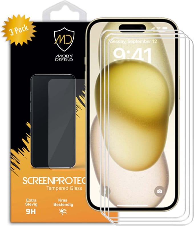 3-Pack MobyDefend Screenprotectors - Geschikt voor iPhone 15 Plus - Case-Friendly Screensavers - Gehard Glas