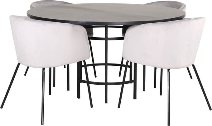 Copenhagen eethoek eetkamertafel bruin en 4 Berit eetkamerstal velours grijs.