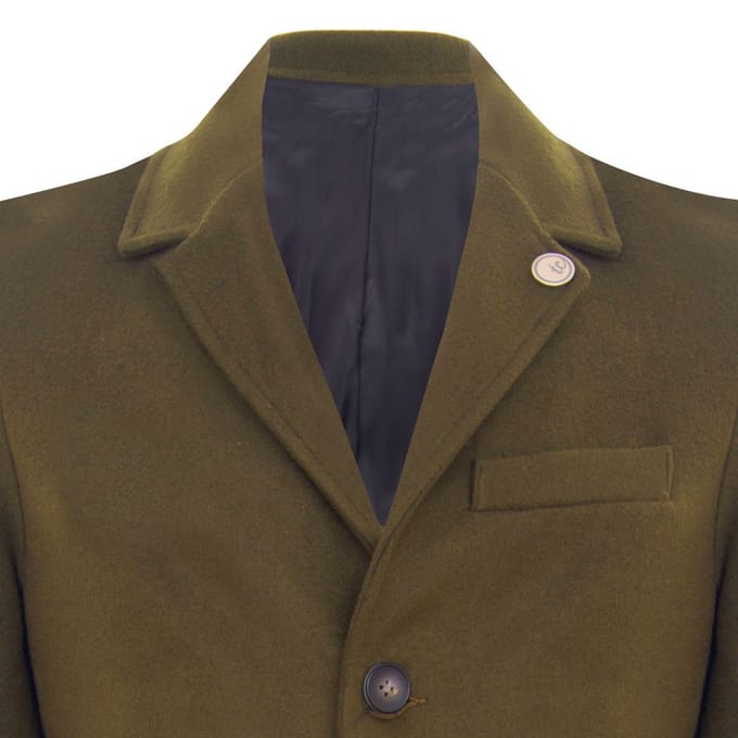 Lange olijfwollen slim-fit overjas voor heren