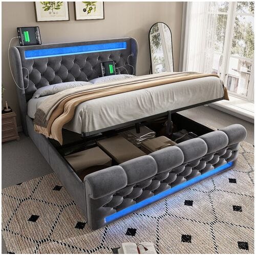 Merax Gestoffeerd opbergbed - 140 x 200 cm - met LED's - opberghoofdeinde en USB - fluweel - grijs