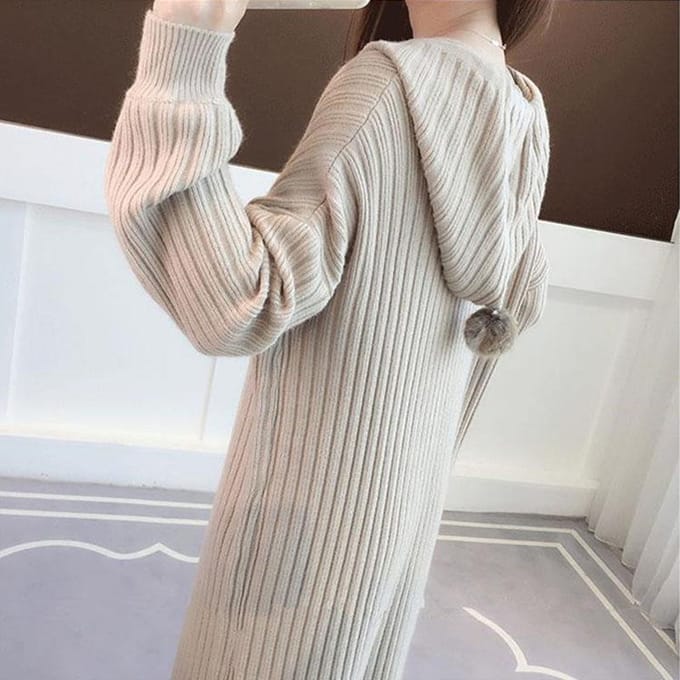 Lente en Herfst Gebreide Trui Losse Casual Top met Capuchon Midilengte Dikke Damesjurk S gray