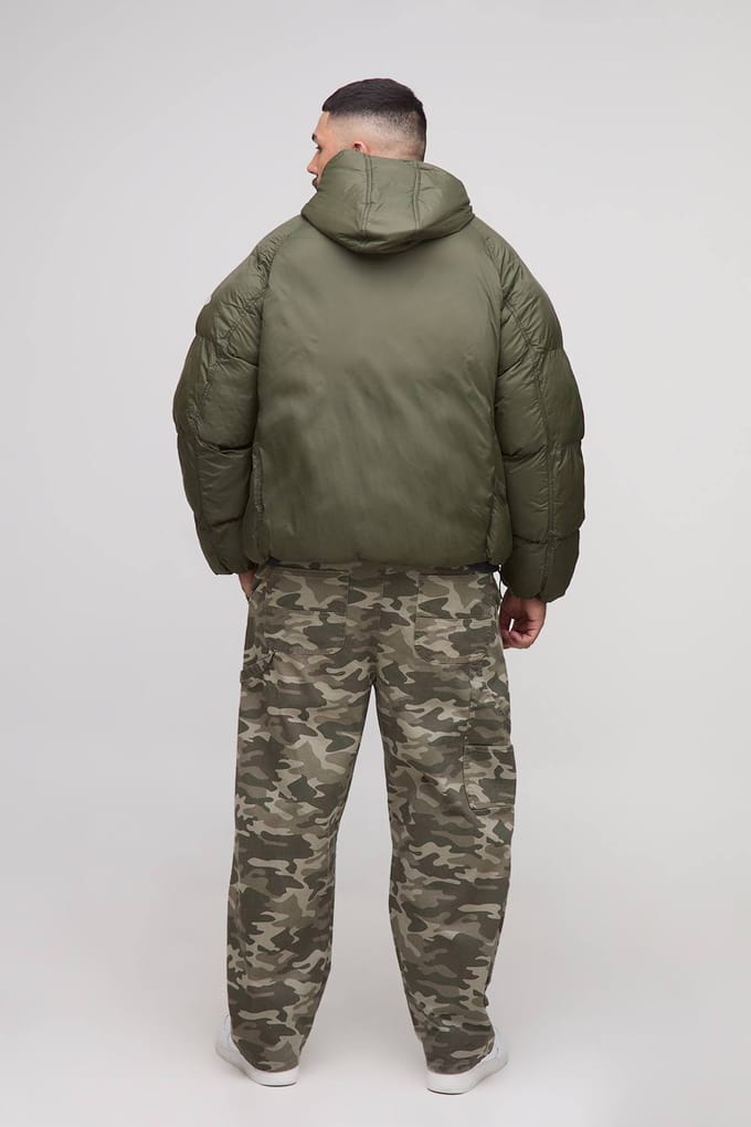 Plus Oversized Fit Ruched Sleeve Panelled Puffer Jacket | Khaki | Size 2XL