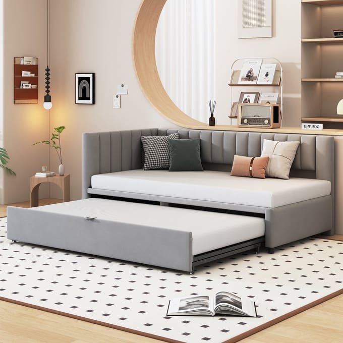 REDOM Slaapbank 90x200 cm – L-vormig fluweel grijs – Uitschuifbaar naar 180x200 cm