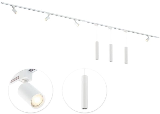 Qub Focus Railverlichting - Wit - 400 cm - I-Vorm - 4 Spots & 3 Hanglampen - Dimbaar - Complete Set