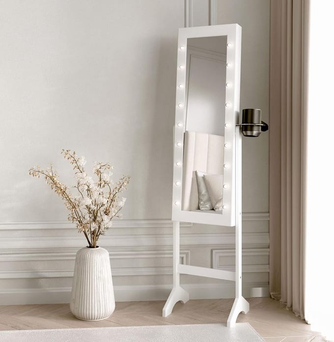 Witte staande sieraden spiegelkast met LED-verlichting en haardroger houder