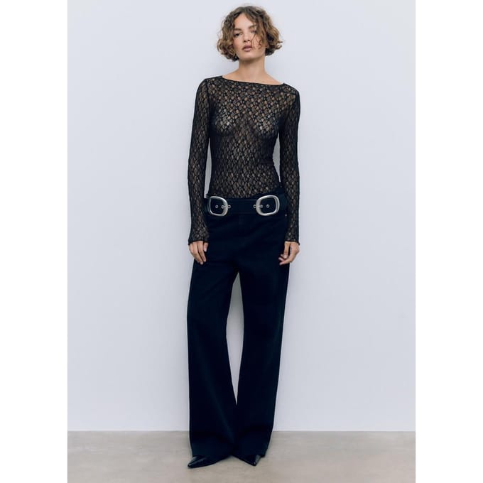 Stradivarius T-shirt van kant met lange mouw  Zwart S