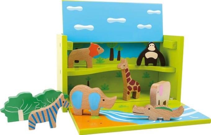 Houten Speelbox - Dierentuin Thema - Ontwikkeling Peuters - Inklapbaar Landschap - 24 x 25 x 19 cm