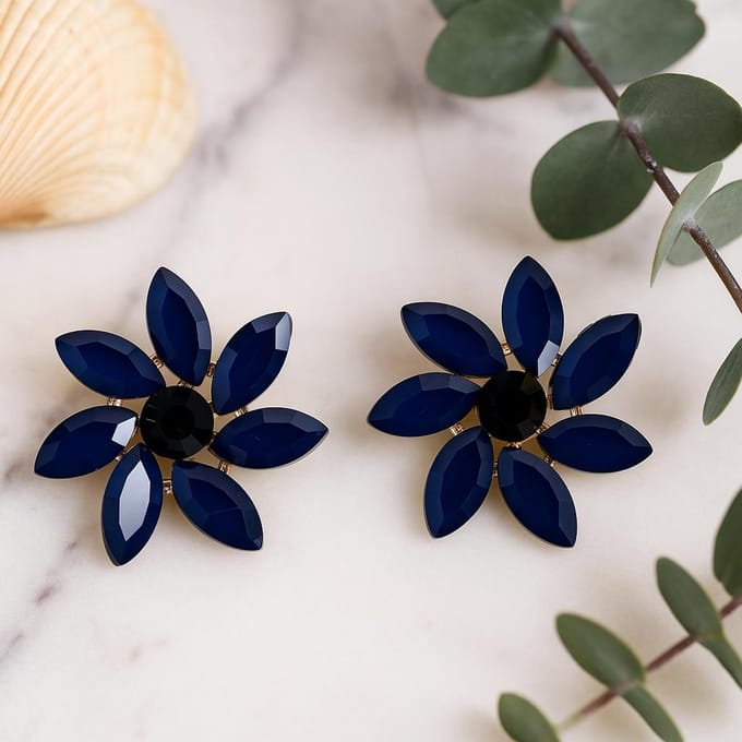 Koningsblauw - Vintage glas - Bloemen - Oorbellen