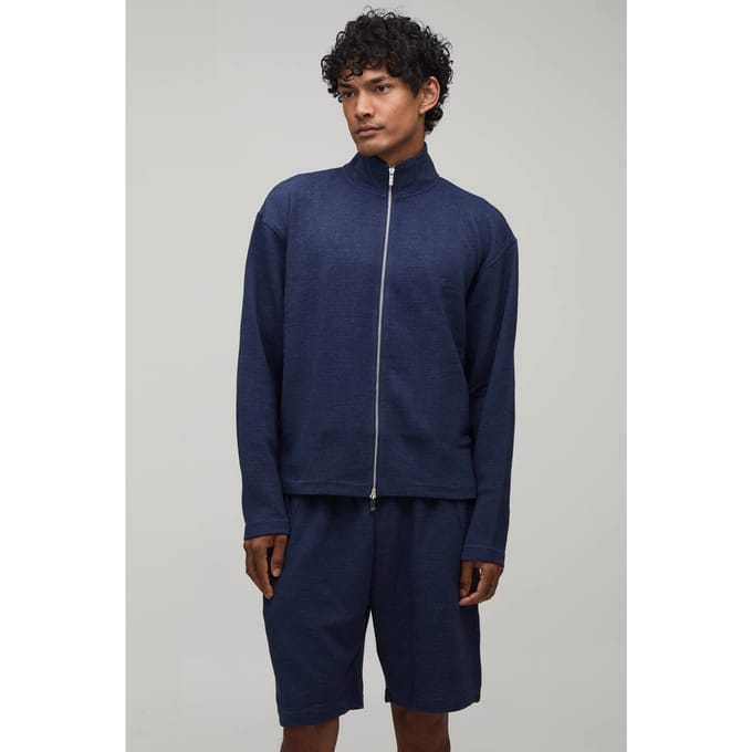 Oversized Boxy Geribbeld Trainingspak Met Dubbele Ritssluiting En Col Kort Model | Navy | Size Medium