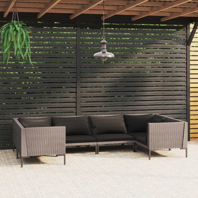 vidaXL - 6-delige - Loungeset - met - kussens - poly - rattan - donkergrijs