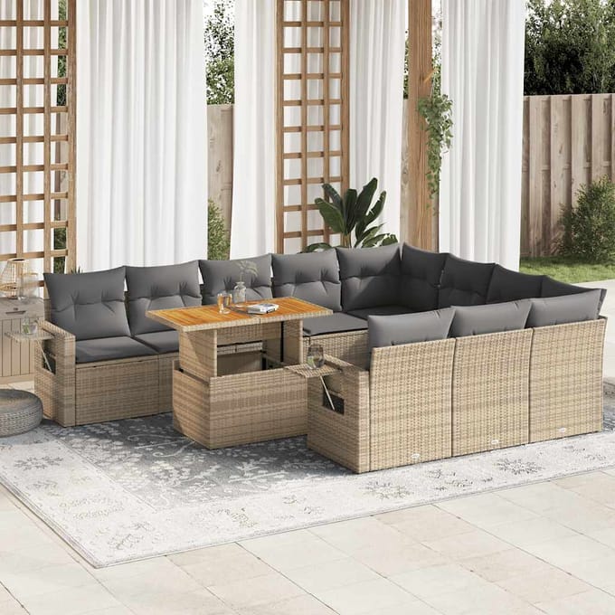 vidaXL - 11-delige - Tuinset - met - kussens - poly - rattan - beige
