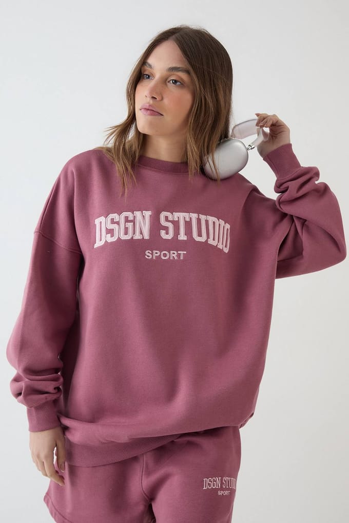 Dames Dsgn Studio Collegiate Applicatie Oversized Sweatshirt | Rose | Maat: 3XL
