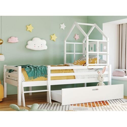 Merax Cabinebed 90 x 200 cm met ladder en lades - massief hout - wit