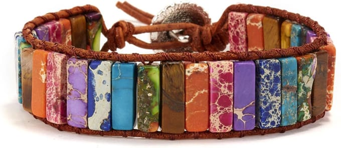 DW4Trading Chakra Armband 4 - Multicolor Natuursteen Regenboog - Imitatie Leer - Smal