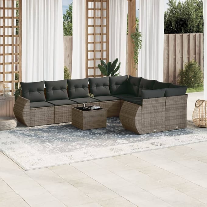 vidaXL - 10-delige - Loungeset - met - kussens - poly - rattan - grijs