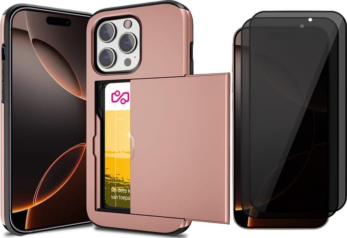 Hoesje met Pasjeshouder geschikt voor iPhone 16 Pro Max - 2x Privacy Screen Protector FullGuard - Back Cover SlideCase Roségoud & Screenprotector