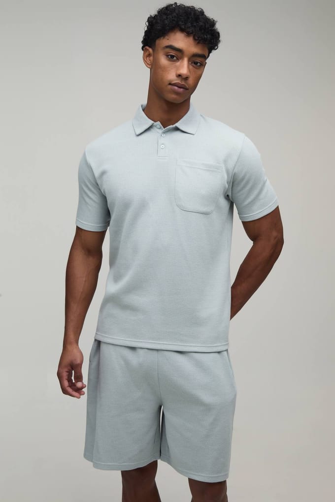 Regular Fit Wafel Polo Met Knoopsluiting En Borstzak & Shorts Set | Light Grey | Size Small
