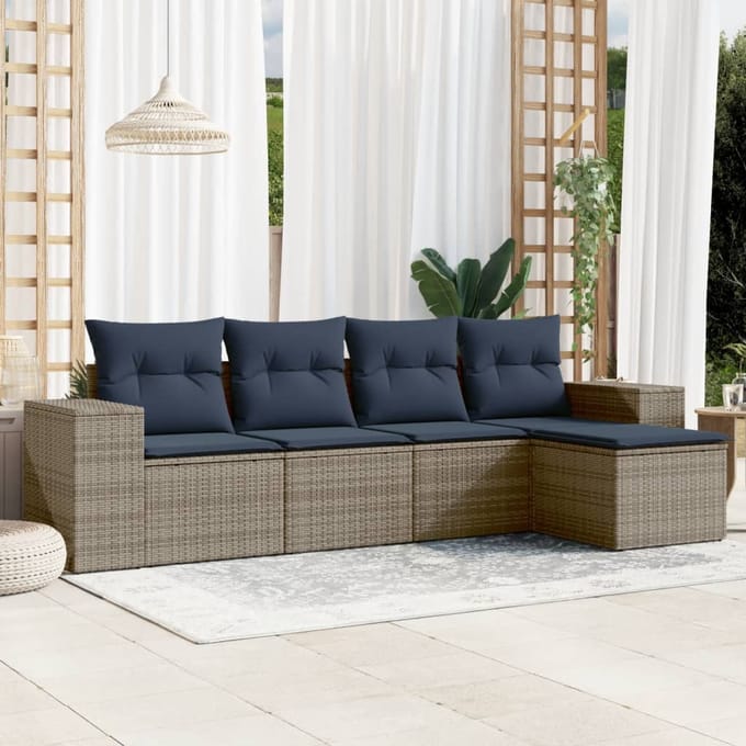 vidaXL - 5-delige - tuinbankset - met - kussens, - grijs - polyrotan