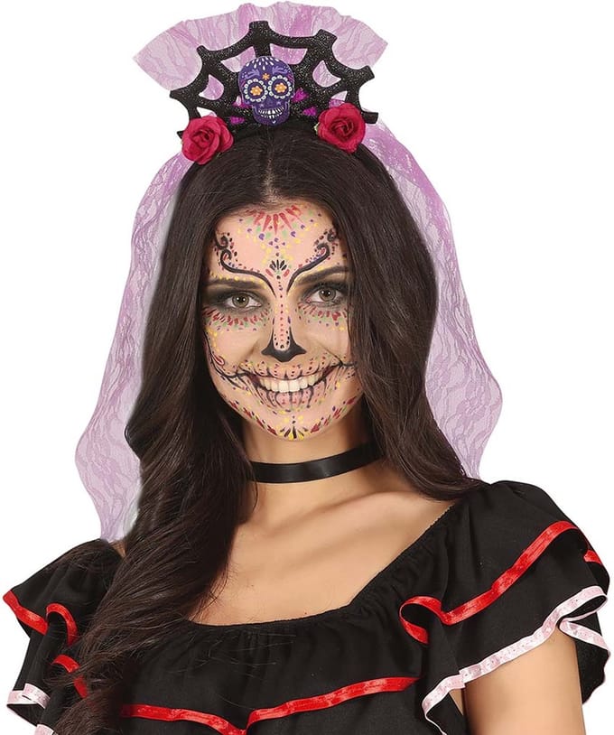Halloween verkleed diadeem - sluier met bloemen - one size - lila paars - meisjes/dames