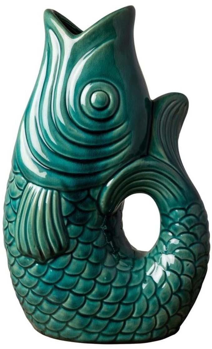 Dailygoods - Boheemse Aardewerken Vaas met Vis - Blauw, 30,5 cm
