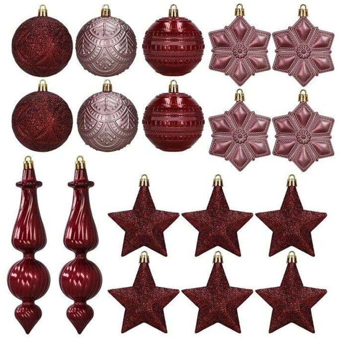 Springos Kerstballen | 18 Stuks | Paars | Bordeauxrood | Mat | Glanzend | Glitter