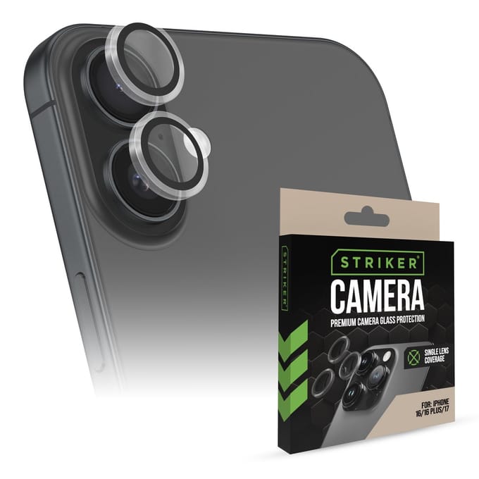 Striker Screenprotector geschikt voor Apple iPhone 16 Glazen | Striker Single Lens Camera Lens Protector - Case Friendly - Zwart
