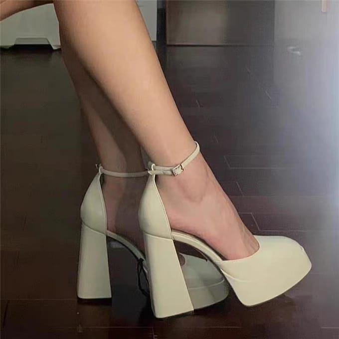 Mode Femme Talons Super Hauts 12CM Talons Carrés Plateforme Chaussures Mary Jane 38 beige
