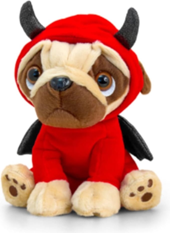 Knuffel Mops 30 cm ( rode Valentijn kostuum)