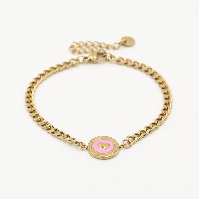 Michelle Bijou - Armband met gouden hartje in roze emaillen