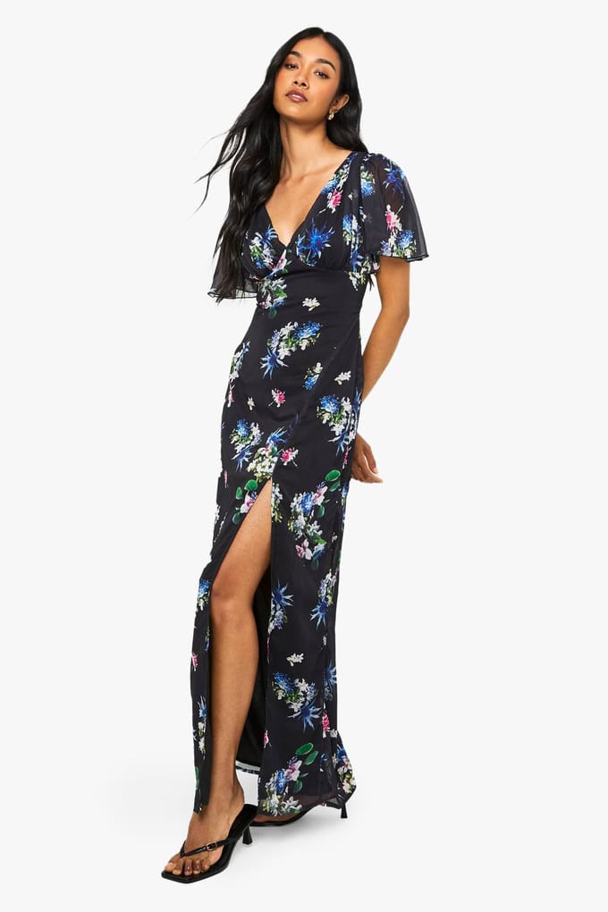 boohoo Dames Floraal Engelmouw Chiffon Diepe V-hals Maxi-jurk | Black | Maat: 8