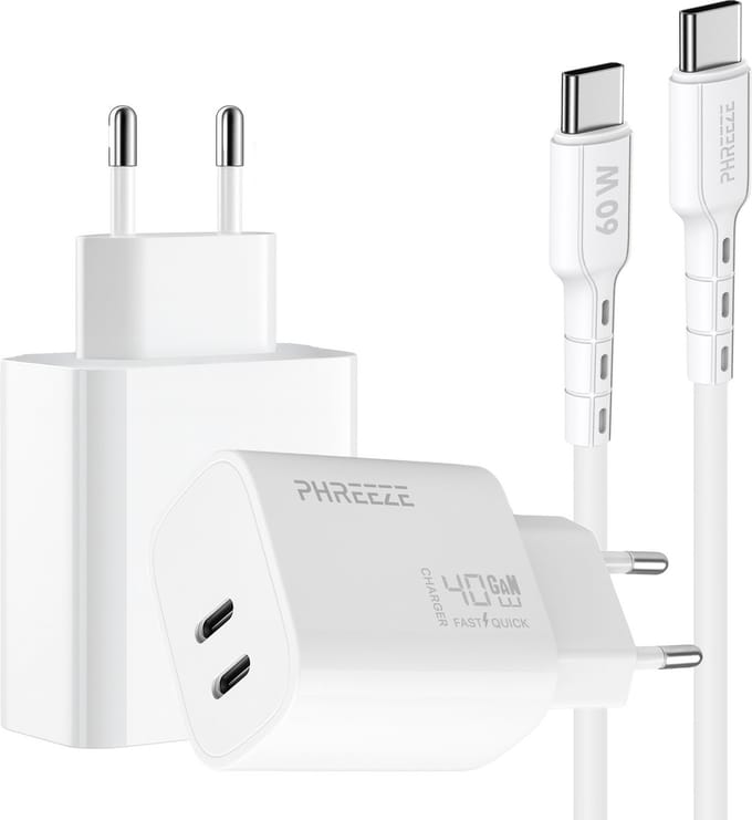 Phreeze usb C oplader 40w met usb C oplaadkabel - Super fast charger snellader met 2 poorten