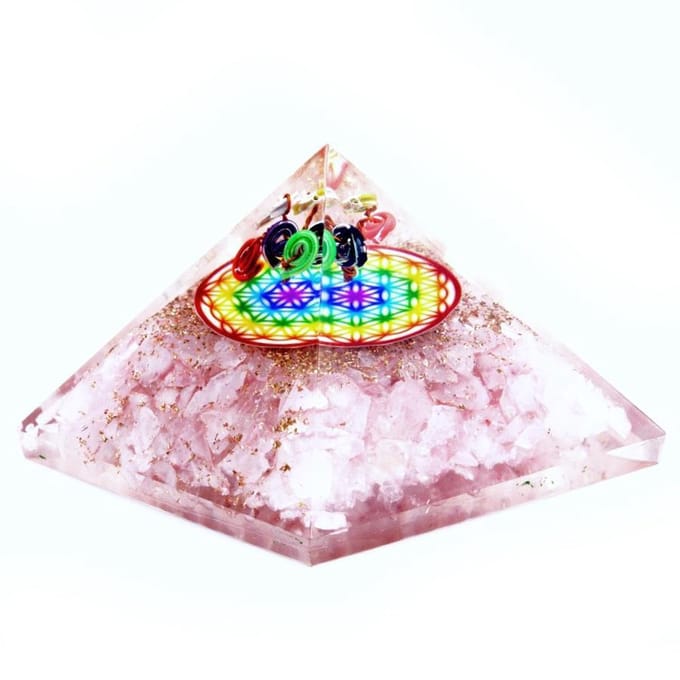 Orgonite Piramide - Rozenkwarts Regenboogbloem des Levens - 70 mm