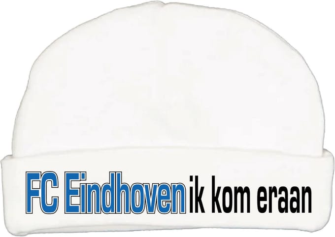 Babymutsje met de tekst: FC Eindhoven ik kom eraan !