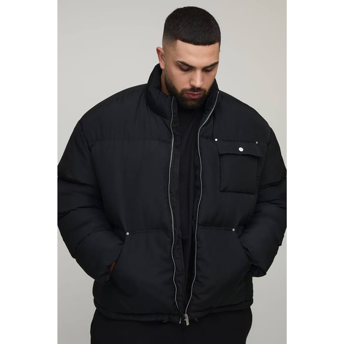 Plus Regular Fit Nylon Carpenter Funnel Neck Puffer Jacket | Black | Size 2XL