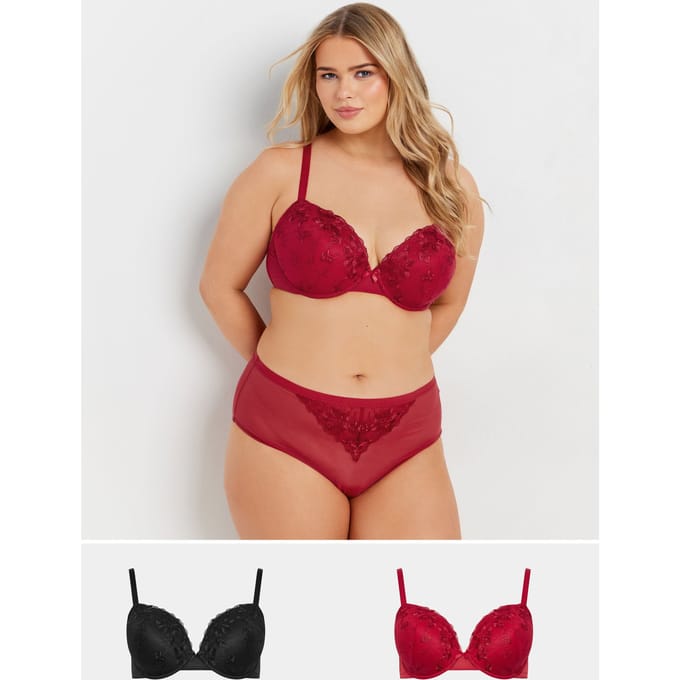 Yours 2 Pack Voorgevormde Bh's Met Bloemborduursel In Zwart/Rood Size 100E