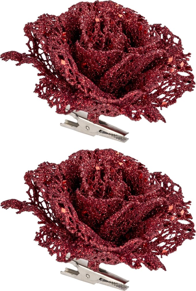 Kerstboomversiering Bloemen - 2x - 10 cm - rood glitter - op clip - ornament