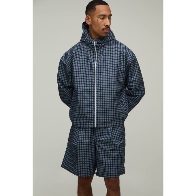 Geruit Windbreaker Set Met Col En Wijde Korte Broek | Navy | Size Medium