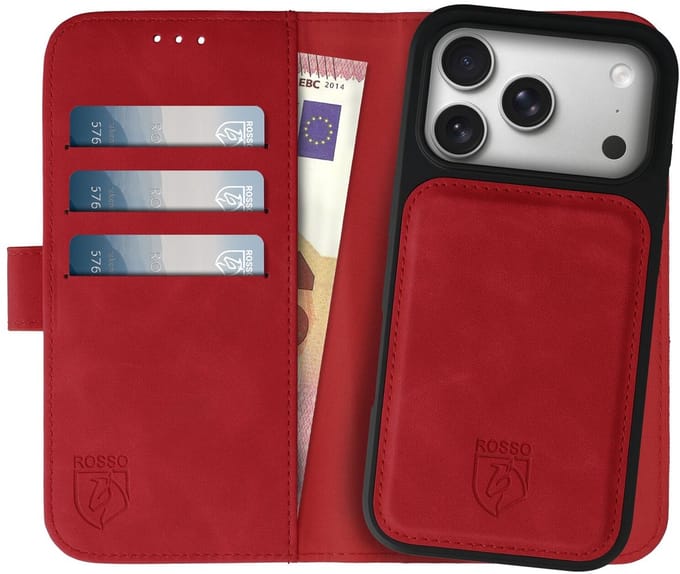 Rosso Element Geschikt voor Apple iPhone 17 Pro Max | Uitneembaar 2-in-1 Hoesje | Luxe Portemonnee | Back Cover en Book Case | Pasjeshouder | Rood